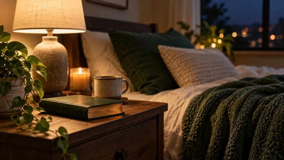 Quarto tranquilo à noite com Bíblia aberta, luminária acesa e clima de descanso.