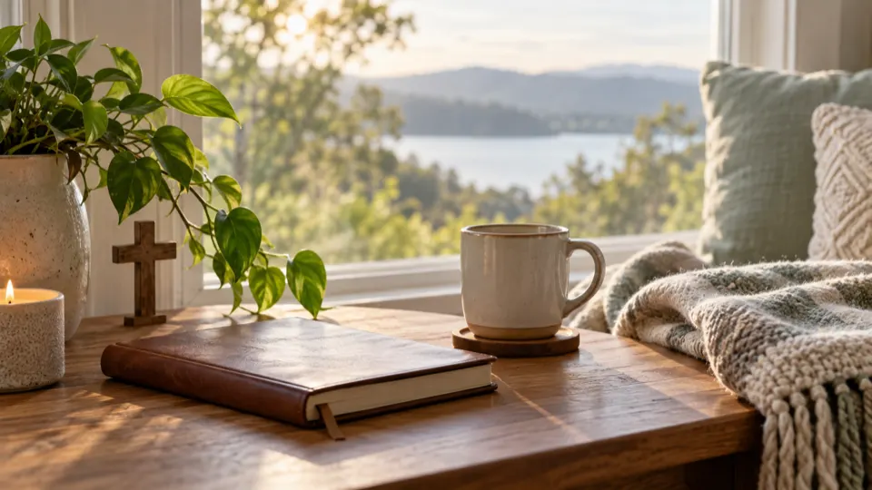 Ambiente tranquilo com luz suave, Bíblia aberta e uma xícara de chá em momento de paz.